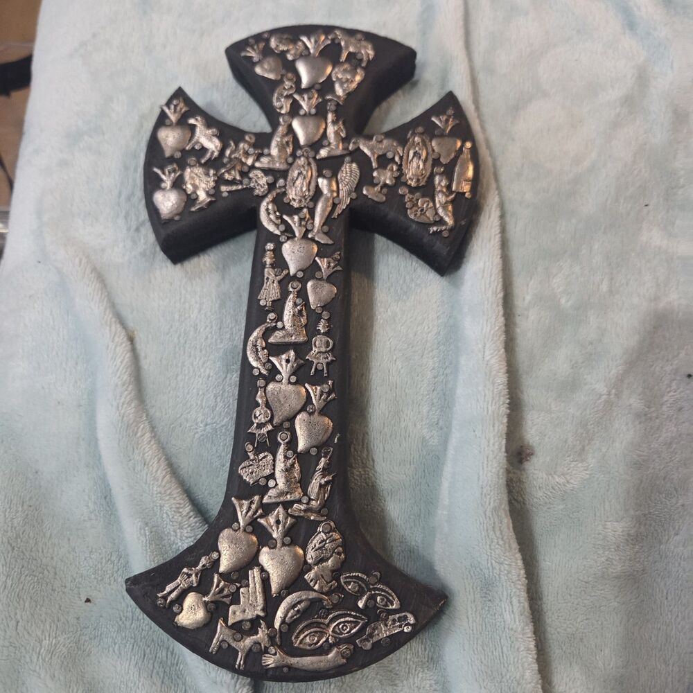 Milagro Style Wood Wall Cross Silver Tone Charms Religious Folk Art 10.5"